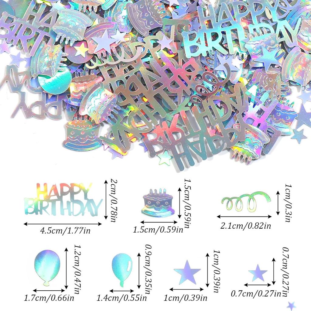 600PCS Happy Birthday Confetti, Glitter Iridescent Party Decorations, Metallic Colorful Table Scatter with Mini Cakes Balloons Stars Ribbons Confetti
