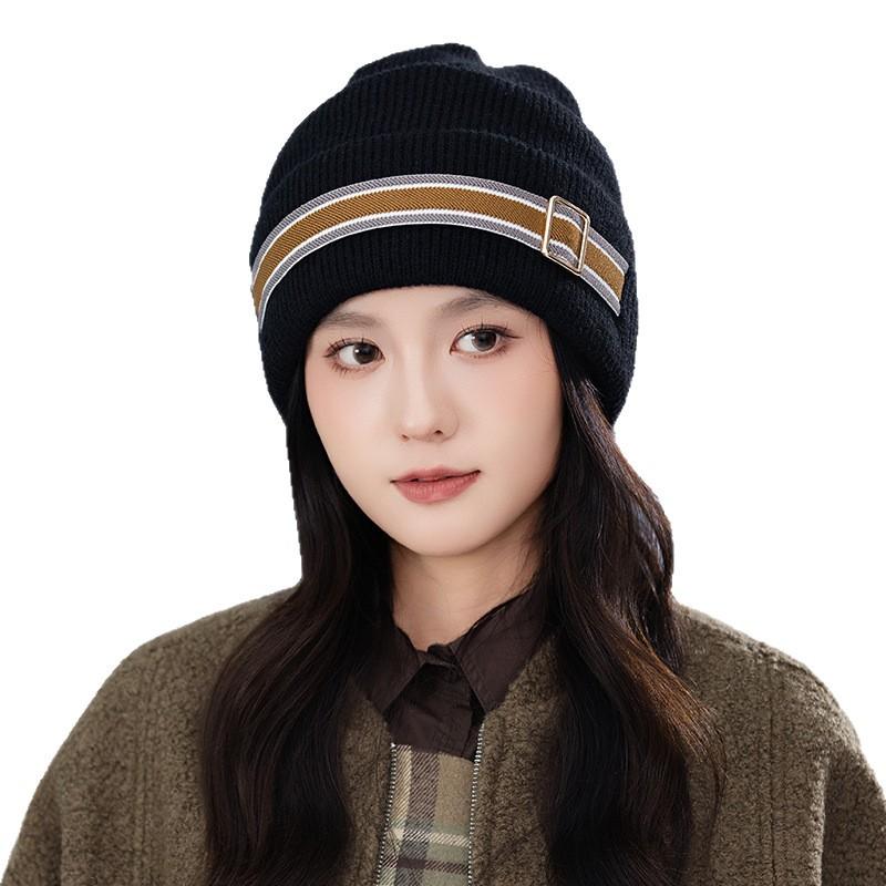 Women's Autumn and Winter New Style Thickened Windproof and Warm Pile Hat Korean Outdoor Casual Ear Protection Belt Buckle Pullover Hat