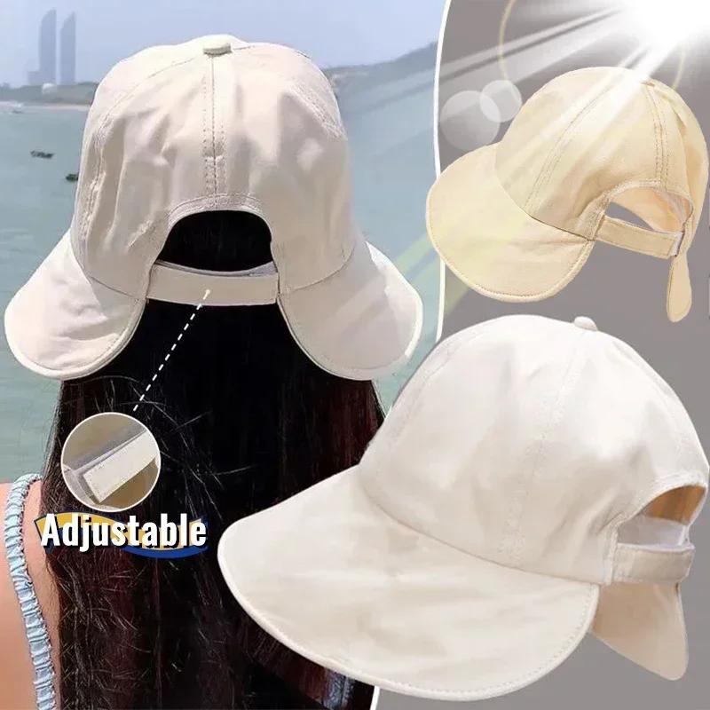 Women Summer Sunhat Cotton Ponytail Bucket Hat Outdoor Beach Adjustable Sun Visor Hats Solid Color Foldable Panama Fisherman Cap
