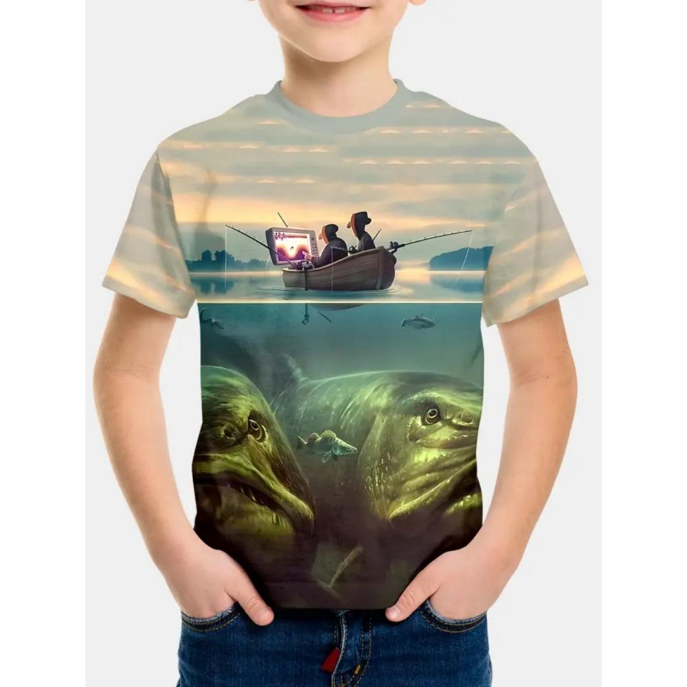 Summer Kids' T-Shirt Cartoon Shark Fishing Boy Casual Cool Round Neck Fashion Top