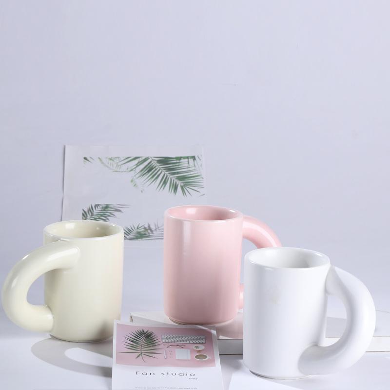 Big ear ceramic mug, creative crooked ceramic thick handle milk coffee water cup