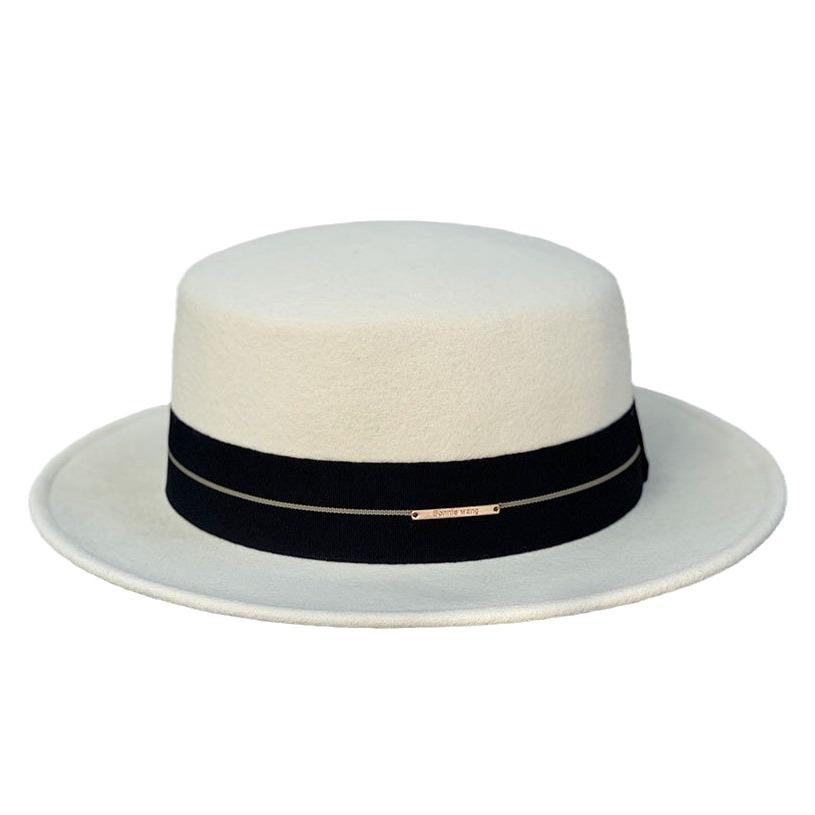 Simple And Fashionable Sticker, White Wool Woolen Flat Hat, Women'S Autumn And Winter Travel, Elegant Retro Wide-Brimmed Top Hat Shows Small Face