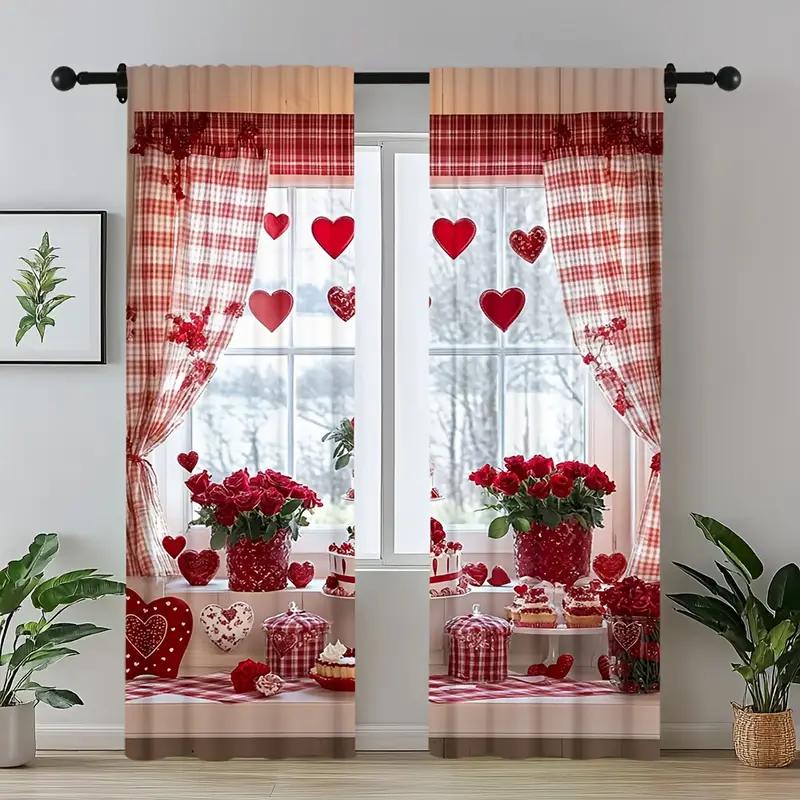 Set Of 2 Valentine Day Love Curtains Design Privacy Protection Suitable Decoration Various Scenarios Curtain With Pole Pocket Polyester