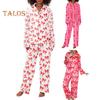 2-teiliges Set mit Schlafanzug für den Valentinstag, Revers mit Schleife und Knopfleiste, Langarmhemd, elastische Taille, Hose mit weitem Bein, Homewear, lässiges Outfit, Frühlingsnachtwäsche