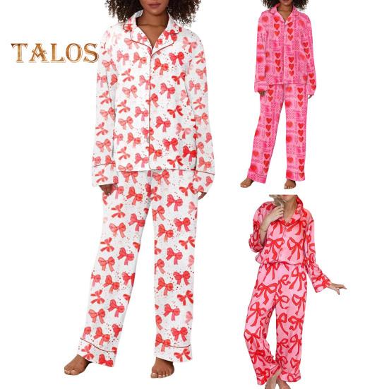 2-teiliges Set mit Schlafanzug für den Valentinstag, Revers mit Schleife und Knopfleiste, Langarmhemd, elastische Taille, Hose mit weitem Bein, Homewear, lässiges Outfit, Frühlingsnachtwäsche