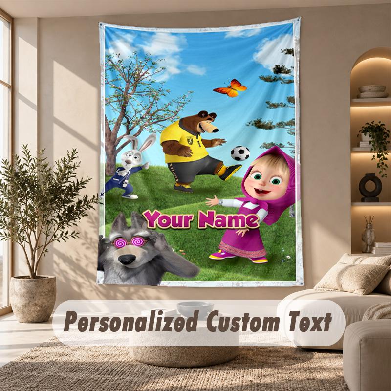 Masha and the Bear Tapestry, Personalized Custom Text, Wall Hanging Tapestry For Living Room Home Wall Decor