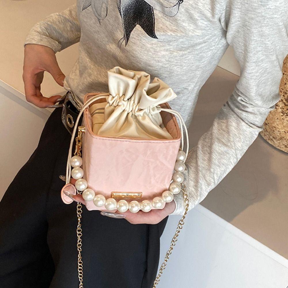 Square Drawstring Crossbody Bag Pearl Luxury Shoulder Bag Trendy Women Bucket Bag  Outdoor