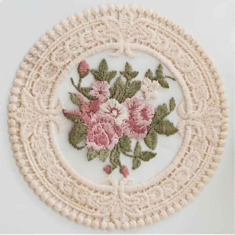 

White Beige Floral Embroidered Polyester Coaster Round Handmade Craft Coaster for Home Decor, Table Decorative Coasters | Floral Table Coaster бежевий