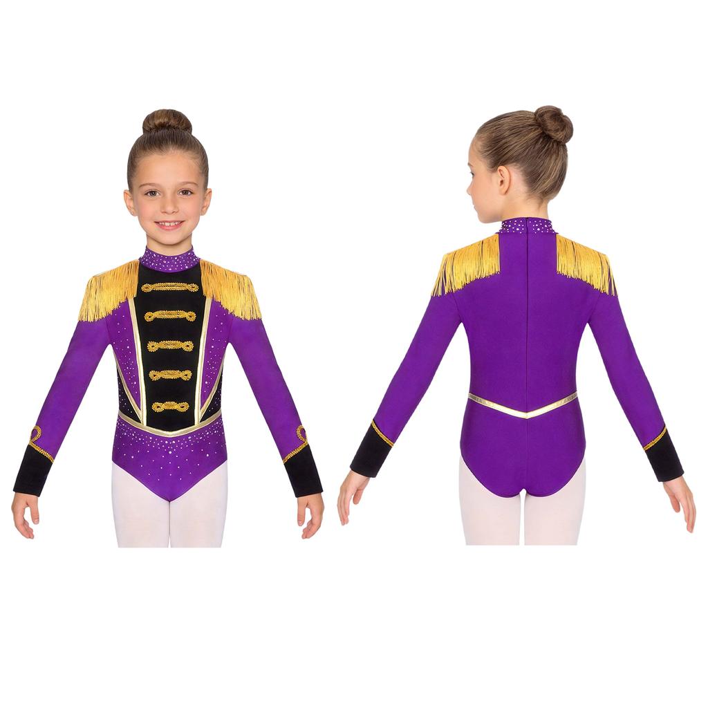 Children‘s Circus Themed Leotard Sparkly Rhinestones Long Sleeve Tassel Shoulder Pads Contrast Color Bodysuit for Stage Performance