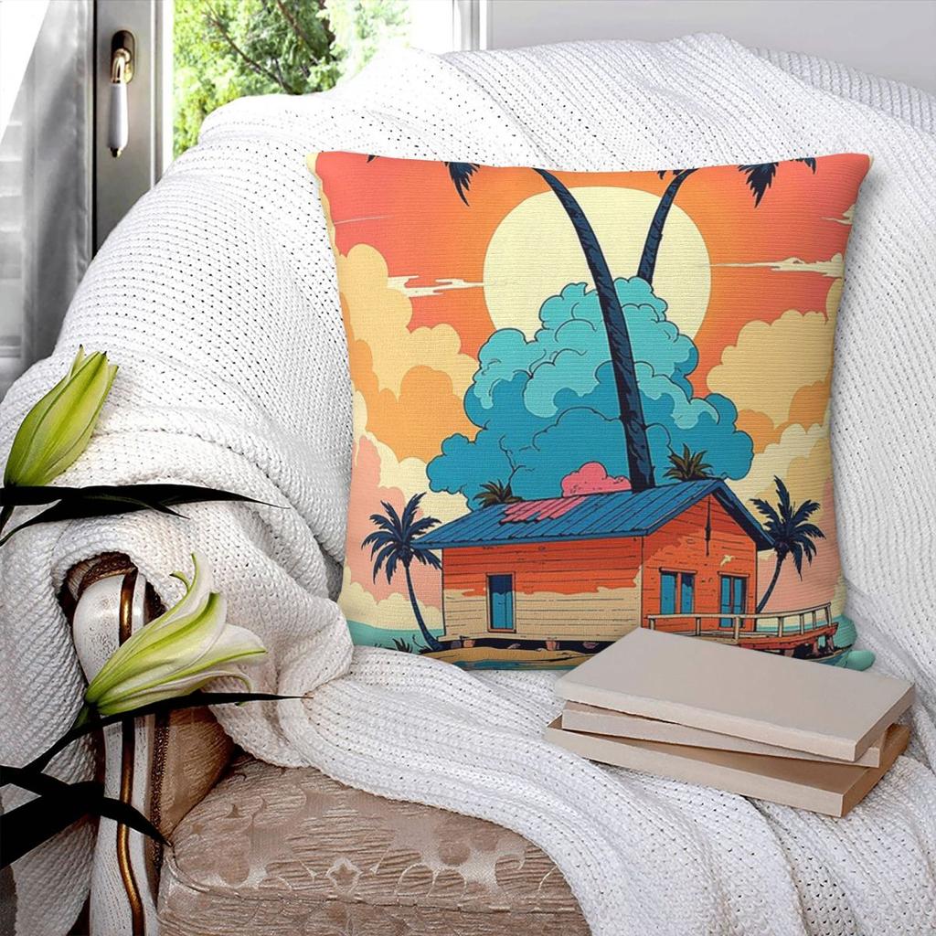 Coconut Tree Country House Landscape Square Pillowcase Cushion Cover Pillow Case Throw Pillow Cover for Home Sofa Living Room