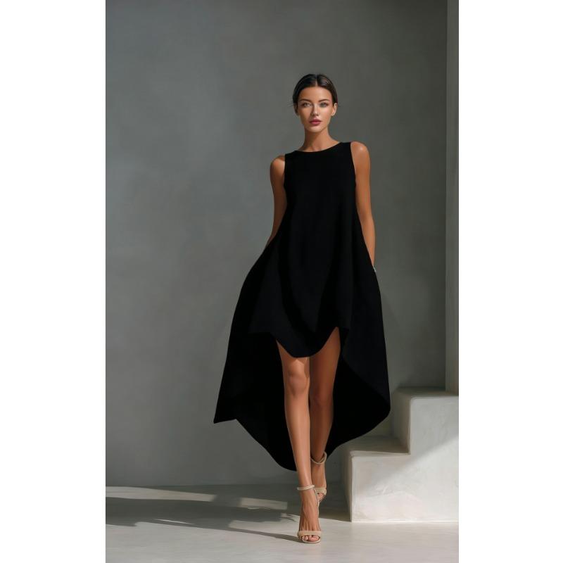 Women S Casual Solid Color Sleeveless Round Neck Irregular Flowy Long Dress