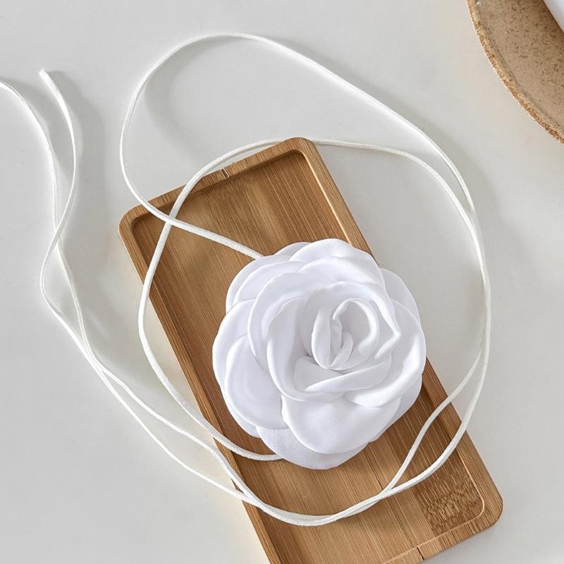 Fabric Flower Tie Choker Necklace Long Rope Lock Collarbone Chain Fashion Neck Decoration Fabric Floral Tie-Up Choker
