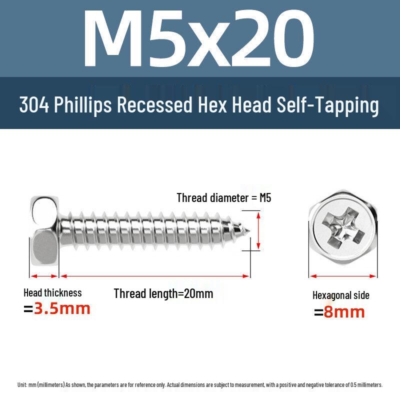 Yigu 304 Stainless Steel Phillips Recessed Hex and Slotted Self-Tapping Screws for Wood, M3-M8