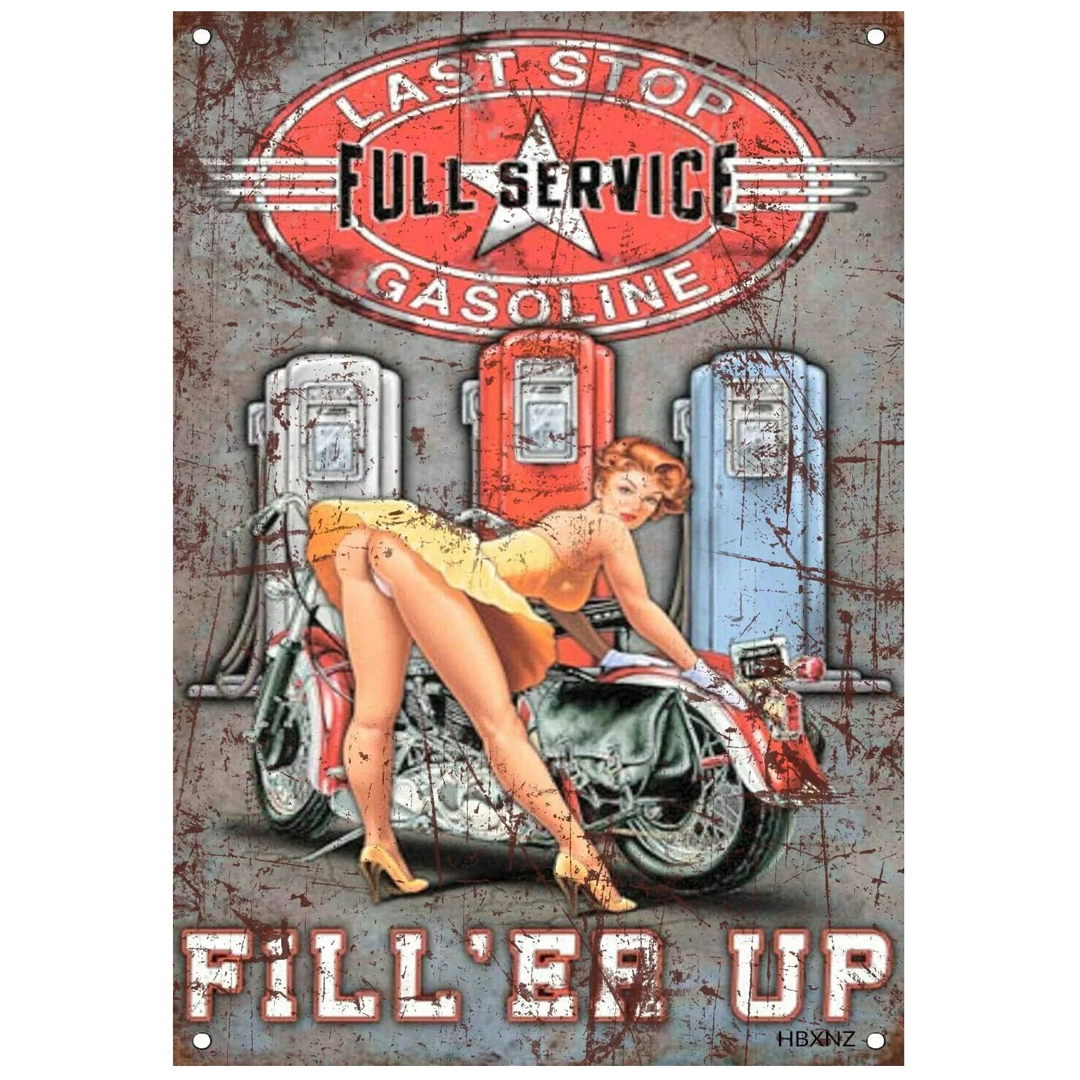 

Pin-up Girls Gas Oil Station Motorcycle Full Service Greased Route 66 Auto Repair Metal Tin Signs Rural Vintage Garage Pub Bar 20x30cm