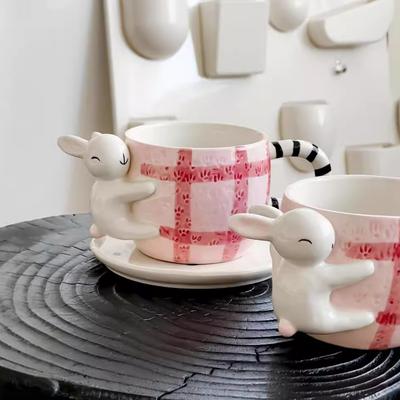Underglaze Hand-painted Rabbit Ceramic Coffee Cup and Saucer Set with Tray Super Cute Children's Cartoon Milk Water Cup