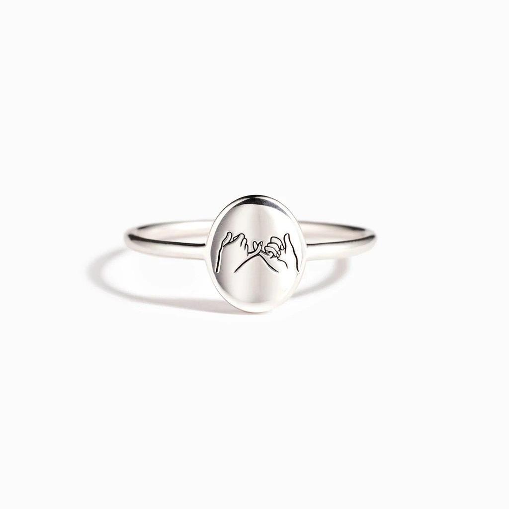 S925 Sterling Silver Geometric Oval Design Pinky Promise Laser Engraved Women’s Fashion Ring