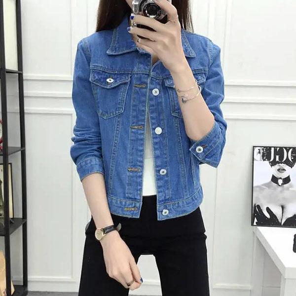 Dámské jarní a podzimní klopa jednobarevné ležérní denim knoflíčky sako velká velikost ležérní streetwear krátká bunda cardigan