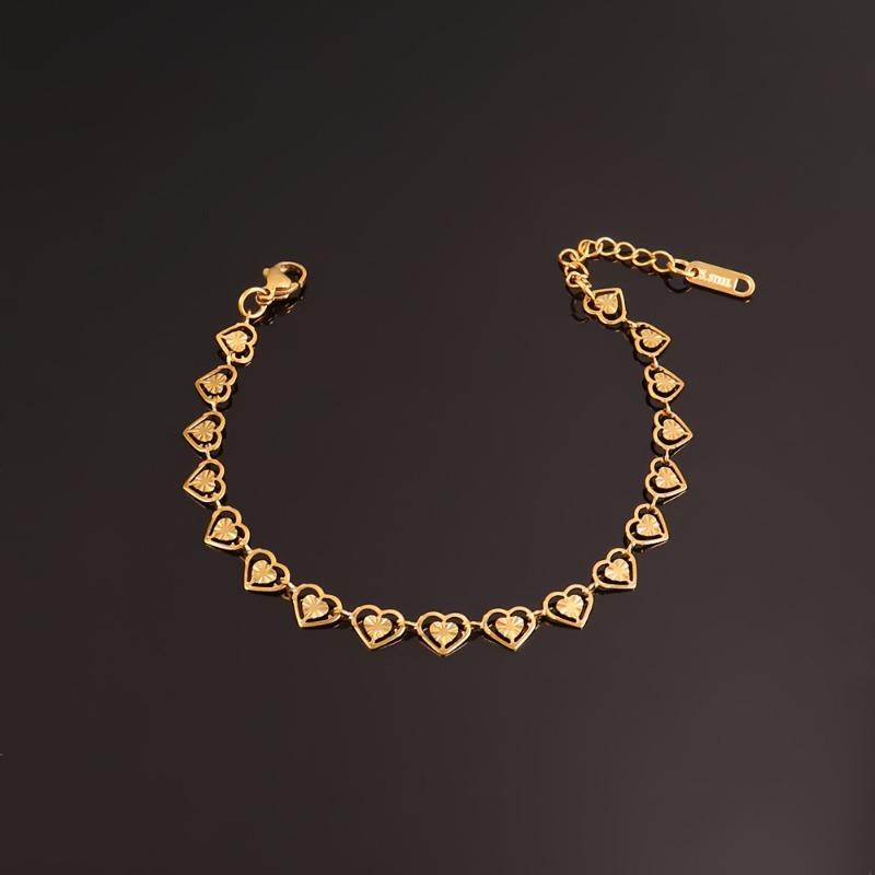 Gold Tone Engraved Heart Link Bracelet – Stainless Steel Dainty Romantic Jewelry for Women, Adjustable Valentine’s Gift