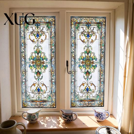 Waterproof Window Decal Privacy Film Vintage Stained Glass Style Static Cling Reusable Decorative Sticker for Cabinet Bathroom Kitchen Door