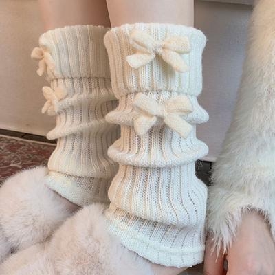Autumn & Winter Knitted Leg Warmers Women Girl Bowknot Long Calf Socks Solid Striped Stacked Socks Fashion Boot Cover Warm Socks