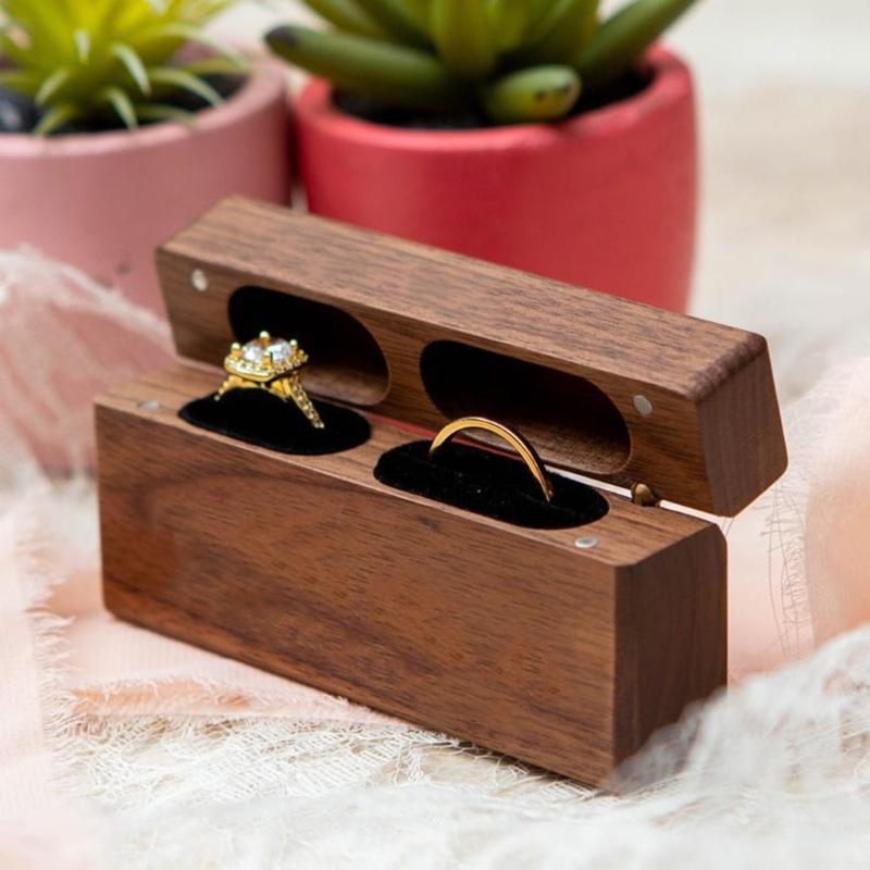 Fashion Wood Ring Box for 2 Rings Slim Double Ring Storage Holder Modern Wedding Ring Bearer Box Decorative Box with Lid