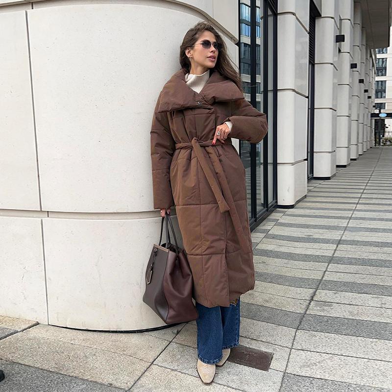 Winter Oversized Warm Long Cotton Padded Coats Women Loose Belt Quilted Parkas Jackets Thicken  Lace Up Single Breasted Overcoat