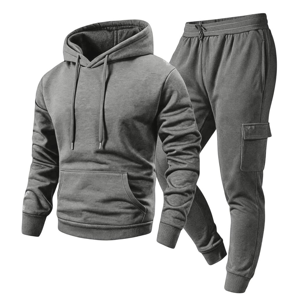 Men's Casual Outdoor Sports Two-Piece Set - Color Sweatshirt and Elastic Waist Cargo Jogger Pants