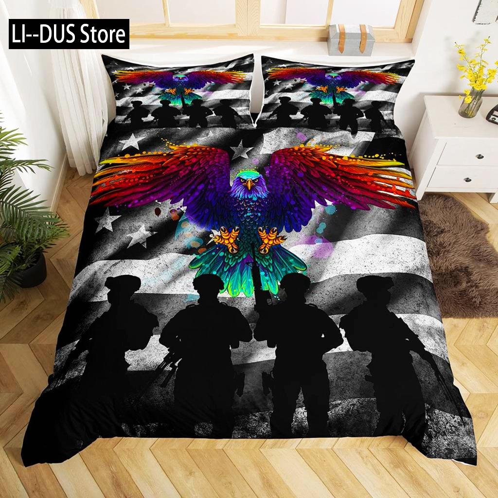 Soldier Duvet Cover Set King Size Soldier Helicopter Silhouette Bedding Set Microfiber 2/3pcs Green Black Military Quilt Cover