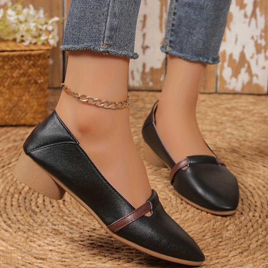 Spring/Fall Versatile Soft Leather Women's Shoes French Vintage Low-Heel Chunky-Heel Loafers Soft Sole Pointed Toe Low-Cut