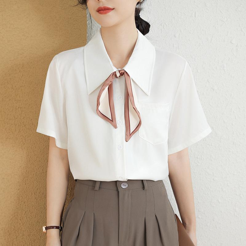 GMXIA Women's Bow Tie Lapel Draped Career Chiffon Shirt White Blouse Women Summer Tops Commuter Interview Short Sleeve