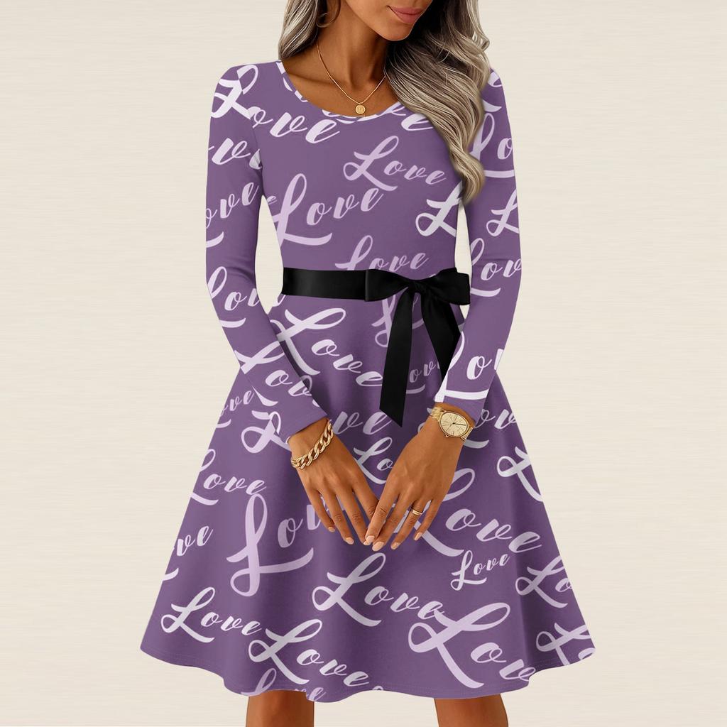 Damen Casual Mode Langarm Vintage Lange Kleider Frühling Valentinstag