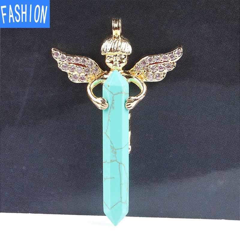 

Натуральный кристалл шестиугольный кулон Купидон Алмазное ожерелье с крыльями ангела Кулон turquoise green&gold