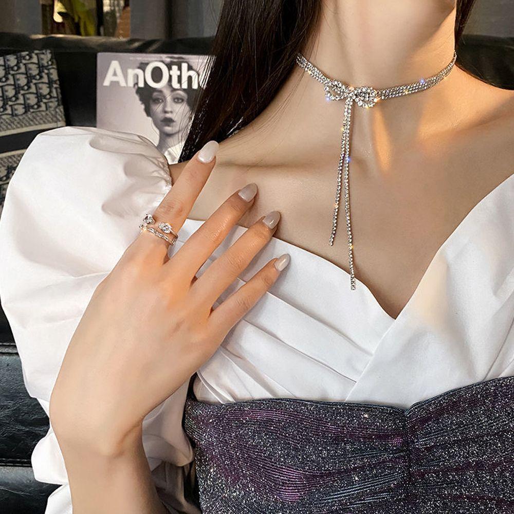 For Girls Geometric Tassel Chain Bow Woman Clavicle Choker Neck Jewelry Crystal Korean Necklace