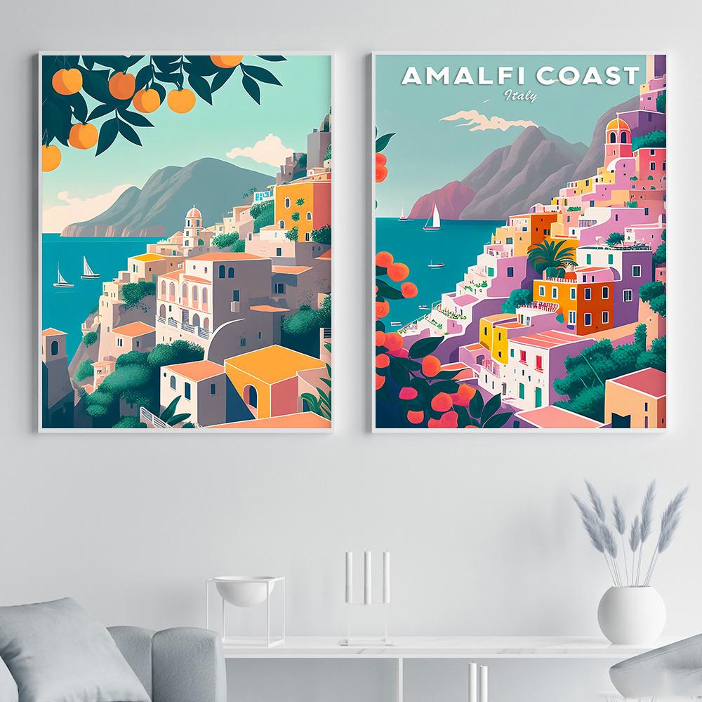 Pôster da Costa Amalfitana Itália Impressão Ilustração Positano Viagem Arte Pintura em Tela Paisagem Nórdica Pintura em Tela Abstrata Decoração
