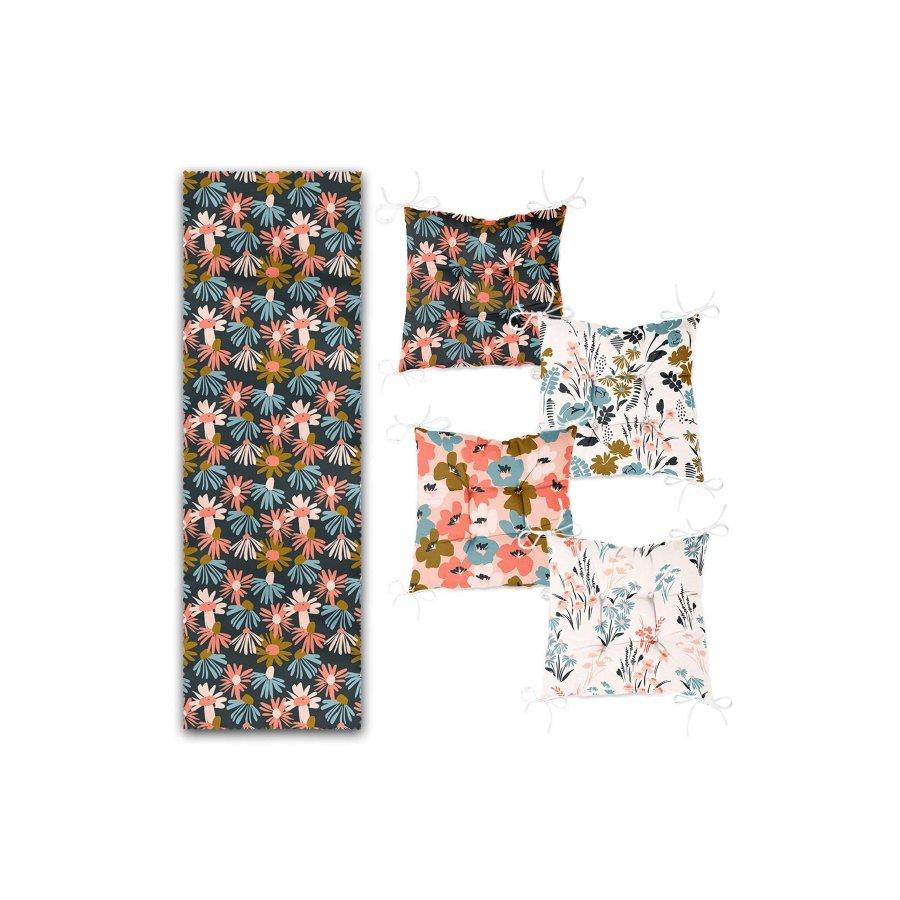 Conjunto de almofadas de cadeira impressas digitalmente com design de padrão de flor / 4 peças de almofadas de cadeira quadradas de 40 × 40 cm e corredor de 1 peça