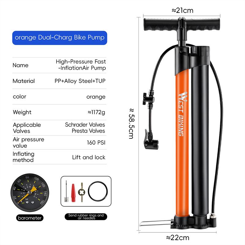 WEST BIKING Bicycle Pump 160PSI High Pressure Floor Pump Fast Inflation Blast Pump With Pressure Gauge MTB Road Bike Accessories