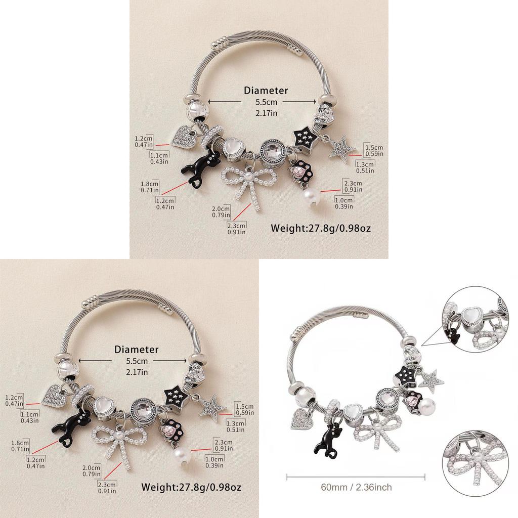 Stainless Steel Cat Bowknot Star Charm Bracelet For Fashion Casual Wear