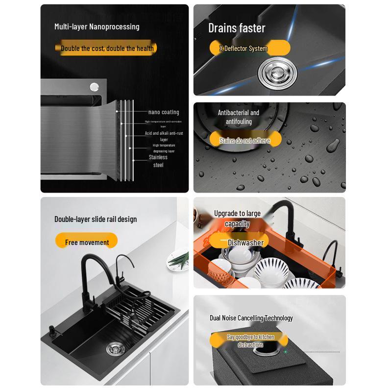 Stainless Steel Black Nano Large Single Bowl Kitchen Sink for Vegetables, Dishwashing, and Handwashing, Thickened Handmade Design