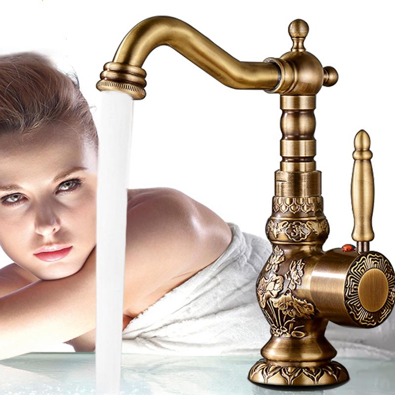 

Винтажный антикварный латунный резной смеситель для раковины, вращающийся на 360 градусов, смеситель с одной ручкой
