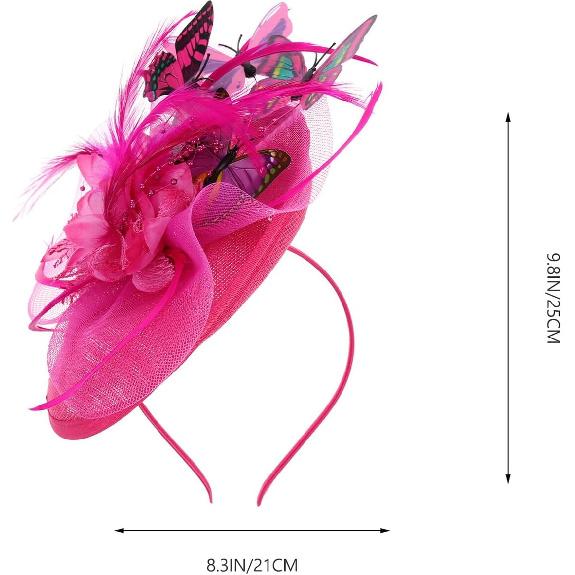Tea Party Fascinator Headband with 3D Butterfly Decoration, Rose Red Pillbox Hat for Women, Lightweight Special Occasion Hair Accessory