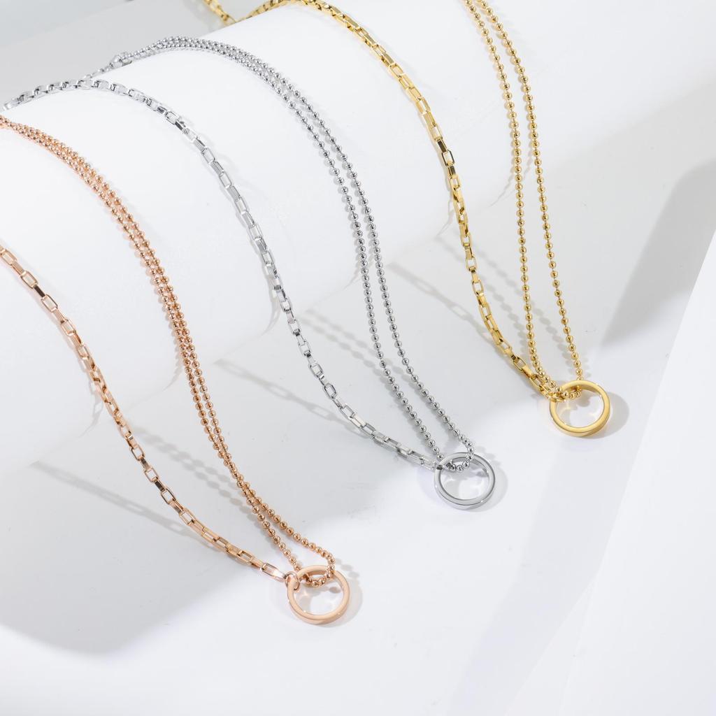 Vintage Stacked Circle Double-Layer Necklace Female Sweet Cool Wind Stacked Collar 18K Gold Titanium Steel Necklace
