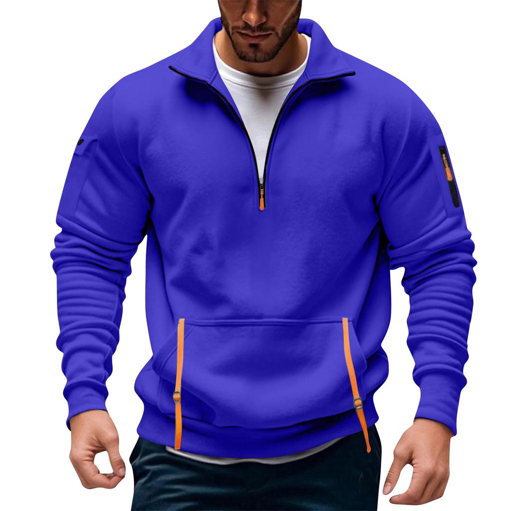 Herren einfarbiges Stehkragen-Sweatshirt halber Reißverschluss Mehrfachtaschen Pullover Sportlich lässiges Kapuzenloses Sweatshirt