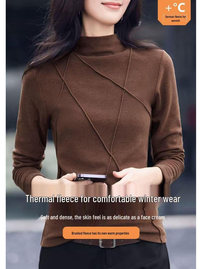Threaded Fleece: Stylish Korean-Style Slimming Base Layer Top with Half-High Collar for Autumn/Winter