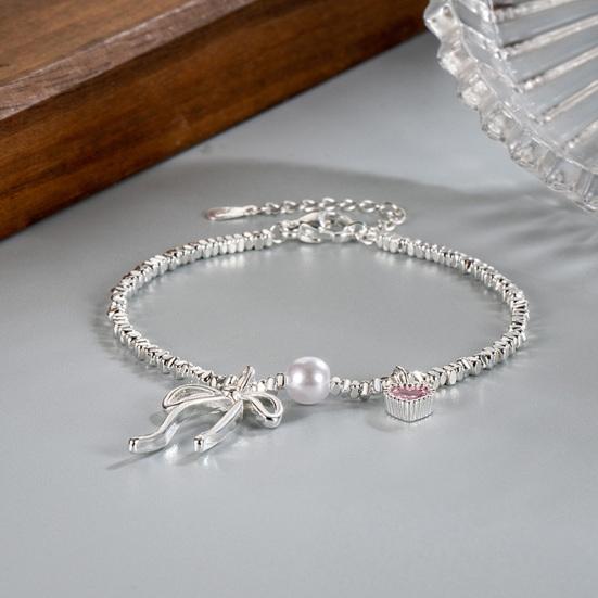 Bowknot Charm Bracelet Faux Gemstone Pink Heart Cuff Bracelet Adjustable Dainty Bracelet Elegant Wrist Jewelry for Girls Women