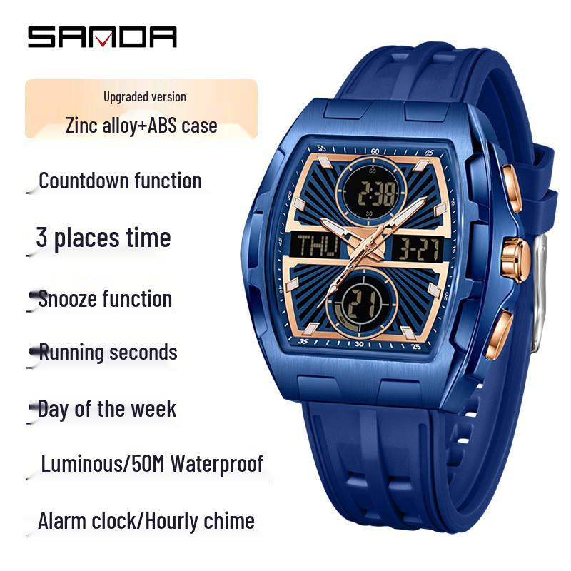 SANDA Men s Luminous Sports Barrel-shaped Waterproof Multi-functional Timepiece