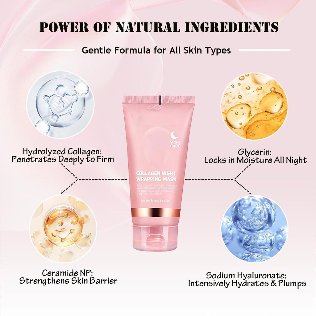 Collagen Night Wrapping Mask (2.54 fl oz), Peel-off Night Mask With Applicator, Deeply Nourish &Moisturize & Firm Skin,Natural Ingredients Gentle On
