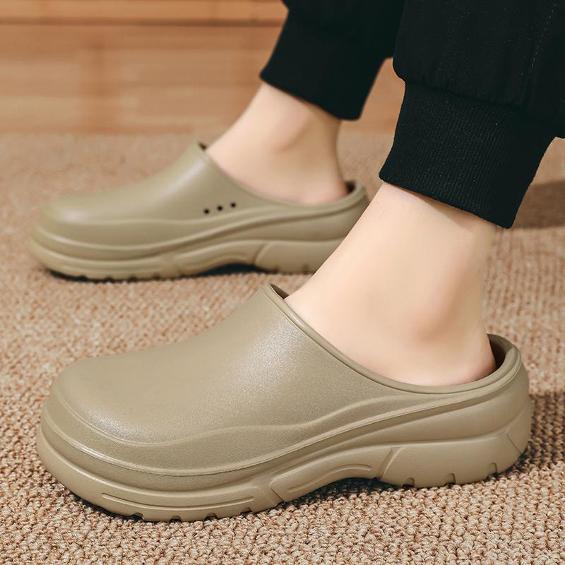 

Модные летние мужские новые шлепанцы для улицы, противоскользящие, для хайкинга, на платформе, для дома, водонепроницаемые, женские, из ЭВА, цельнолитые, модные поварские туфли 35-36 хаки