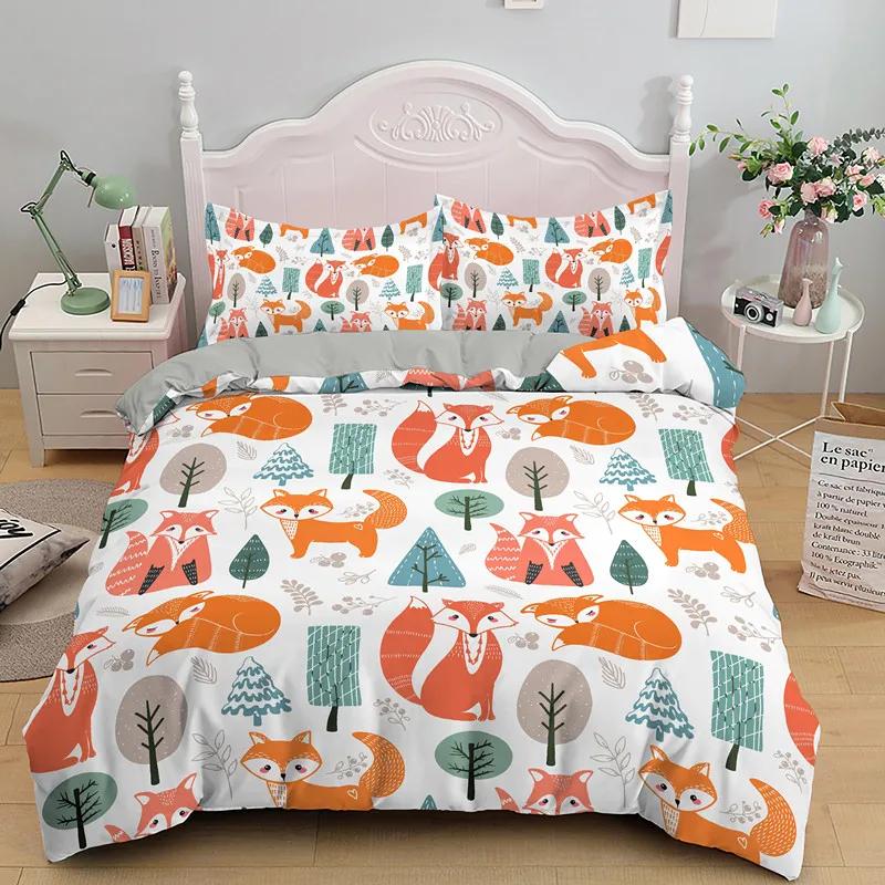Cartoon Fox King Queen Duvet Cover Lovely Orange Animal Floral Bedding Set Kids Girls Flowers Plant 2/3pcs Polyester Quilt Cover