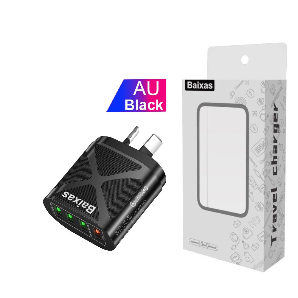 Multi-Port USB Fast Charger QC3.0, 4 Ports, 5V/9V/12V, Compatible with EU/US/UK/AU Standards