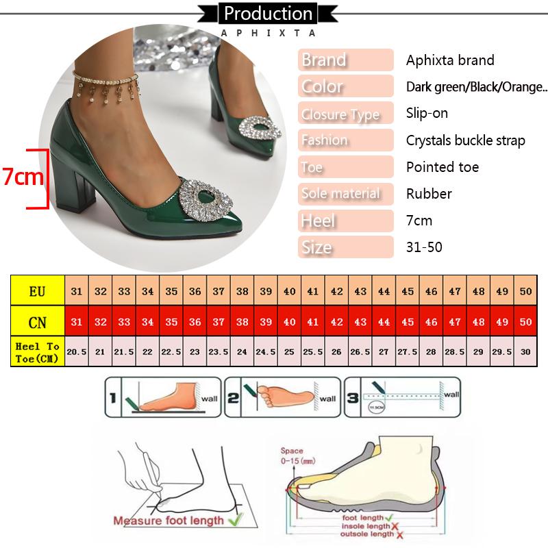 Aphixta Bing Big Crystals Round Buckle 7cm Chunky Heels Pumps Women Shoes Dark Green and Leisure Pointed Toe Pumps